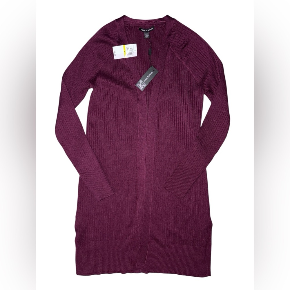 Cable & Gauge Long Ribbed Open-Front Cardigan - Plum